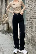 SELFSOLO ハイウエスト ブラックストレートデニムパンツ【レディース・秋冬用】
