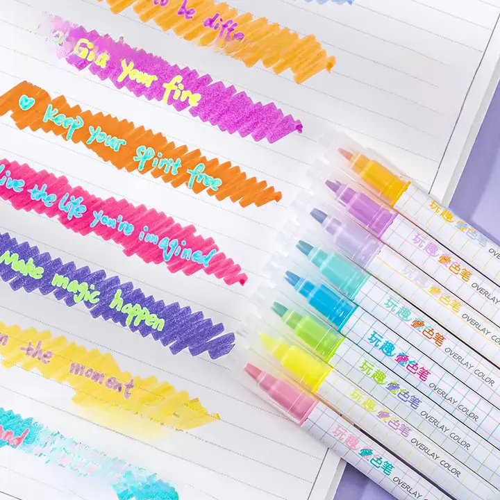 蛍光ペン 両頭 重ね塗り マカロンカラー 淡色 学生用 斜めカット 丸芯 2線幅 手帳 デコ DIY 「deli」