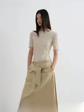 Tシャツ レディース インナー 半袖 クルーネック 正肩 巻きヘム タイトシルエット デザイン 秋物「GREEN BELT」