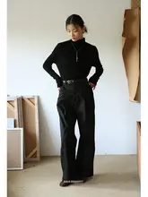 高腰ダークカラー休暇用パンツ【ロングワイドストレート・ポケット付き】