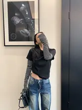 春季アメリカンビンテージ風シースルー重ね着デザインの長  袖Tシャツ【女性用・フィット感あり・短丈】（セットアップ対応）