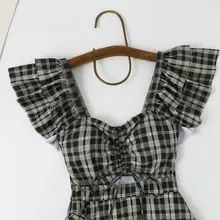 ワンピース水着 レディース チェック柄 フライングスリーブ 体型カバー 着痩せ 露出控えめ 小胸 ヴィンテージ 温泉 スパ プール