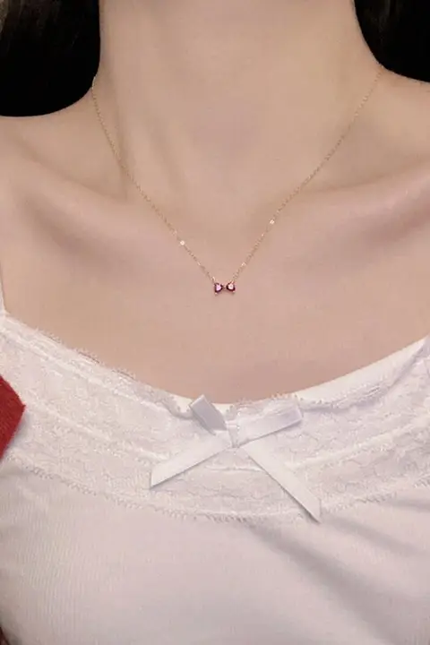 春の新作！石榴紅のミニリボンネックレス【純銀製・夏用・デザインアクセサリー】