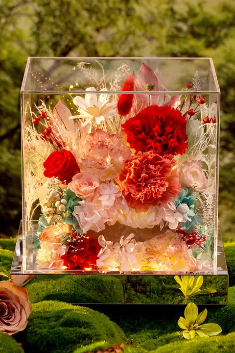 高級感ある永生花カーネーションの花束ギフトボックス【母の日・誕生日・教師の日用】