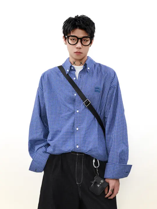 MRNEARLY 男性用 カジュアルデザイン ブルーチェック 長袖シャツ【ヴィンテージスタイル・秋用】