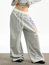 美式復古デザインのドロップウエストストレートワイドパンツ【プリント・ストリートスタイル】（セットアップ対応）