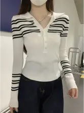 ストライプ柄 薄手ニットポロシャツ【レディース・長袖・スリムフィット】（セットアップ対応）