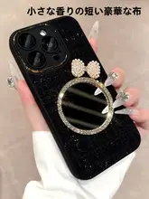 毛布風デザインのミラー付きiPhone用ケース【フルカバー・防落落・手首ストラップ付き】