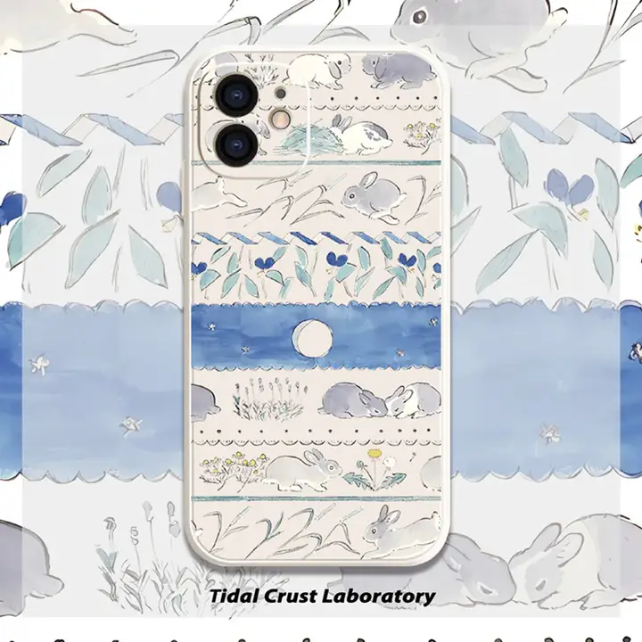 カートゥーンレトロ可愛いウサギイラストの液体シリコン全包スマホケース【iPhone 14・Apple 15・Huawei P50・Xiaomi 13対応】