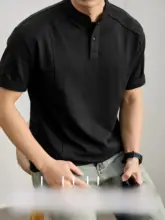 半袖Tシャツ メンズ 水洗いコットン 通気性 スタンドカラー ヘンリーネック パッチワーク デコンストラクション カジュアル チャイナテイスト 「LUUD」