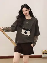 カフェ色のラウンドネックメッシュ切替Tシャツ【女性用・ワイドスリーブ・長袖・モードスタイル】（セットアップ対応）