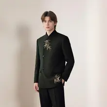 刺繍入り中式服 メンズフォーマルウェア【立襟・結婚式用】