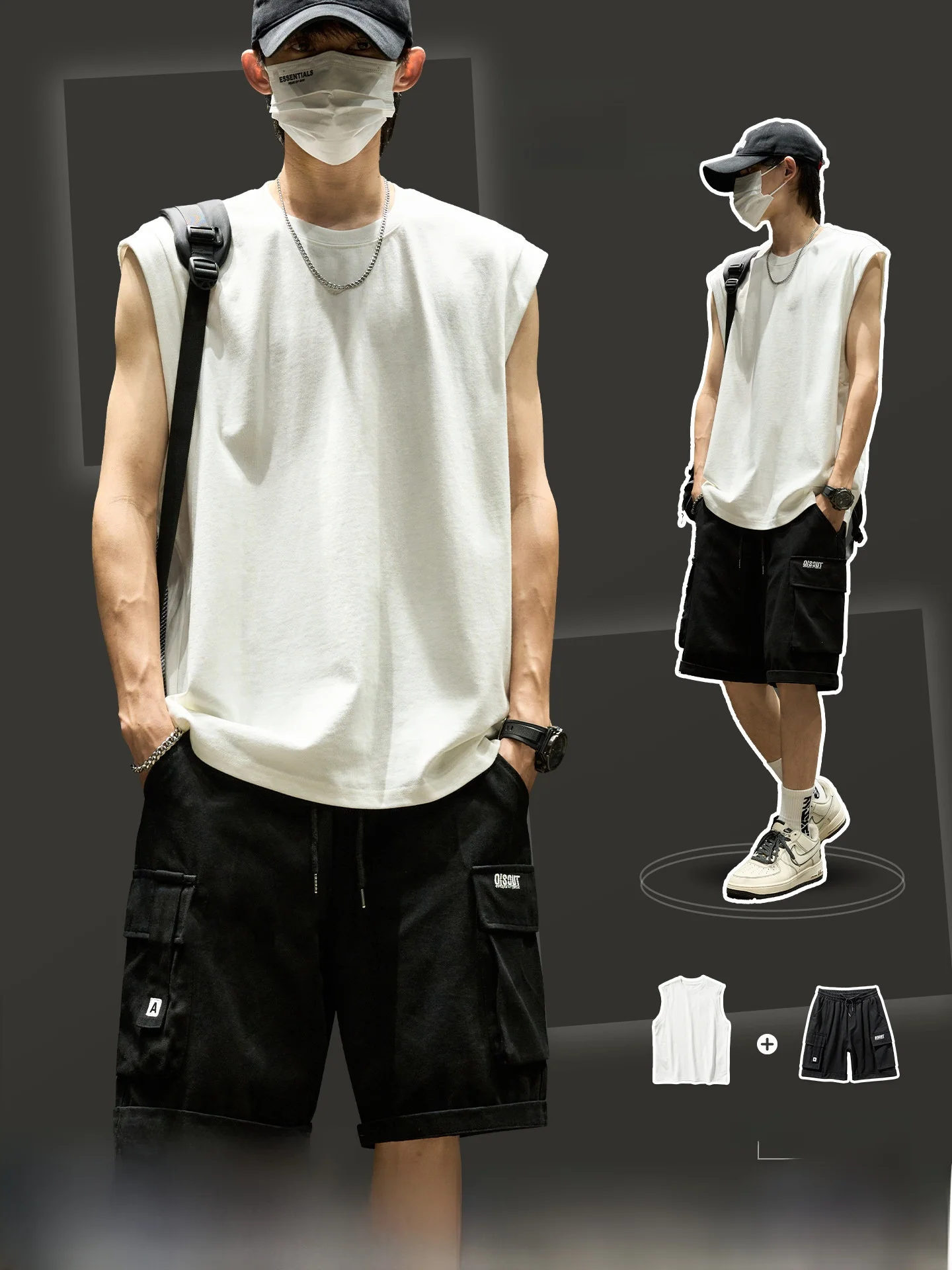 夏用男性向けカジュアルセットアップ：SZONのコットンタンクトップとカーゴショートパンツ