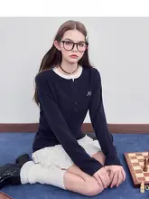 宝ブルーの切替デザイン！長袖ニットカーディガン【秋用・カジュアル・女性用】（セットアップ対応）