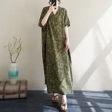 大きいサイズ 夏用 Vネック 薄手コットン麻 ロングトレンドビーチドレス【ルーズフィット・レトロデザイン】
