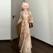 フラワープリントのロングドレス【秋用・新中式・高級感】（セットアップ対応）