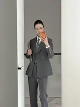 グレー ダブルブレストスーツ【スリムフィット・ビジネス通勤・ベルボトムパンツ】（セットアップ対応）