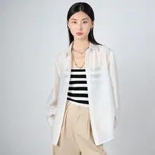 天絲素材 レディース長袖シャツ【UVカット・ホワイト・ゆったりフィット】