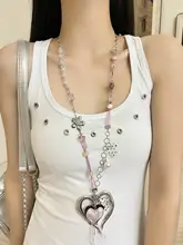 手作りリボンとカラーパールのハートドットフラワーロングネックレス【デザインアクセサリー・セーター用・デコレーション】