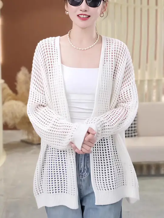 白色 シンプル 刺繍入り 長袖 ニットカーディガン【薄手・通気性・ルーズフィット】