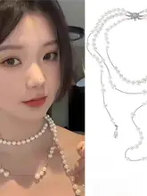 ロングパールネックレス【レトロスタイル・重ね付け・アクセサリー】