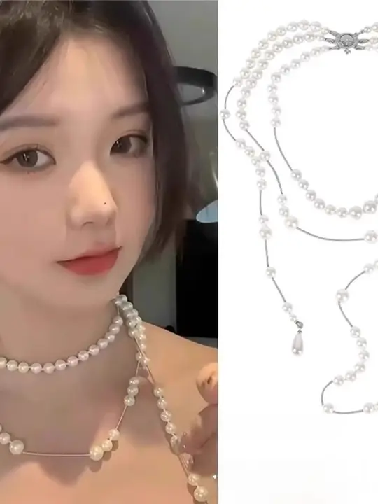 ロングパールネックレス【レトロスタイル・重ね付け・アクセサリー】