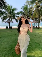 セクシーなビーチリゾートドレス【レースアップ・ウエストシェルデザイン・ロングスカート】（セットアップ対応）