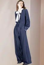 大人の魅力あふれるリボン付きブラウスとワイドパンツ【秋用・ネイビー・洗練されたデザイン】（セットアップ対応）