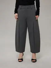 内工字褶デザイン九分丈テーパードスーツパンツ