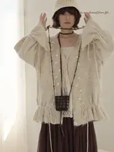 レトロアート文芸風ニットカーディガン【秋用・ゆったりシルエット・フリル付き・フード絆付き】