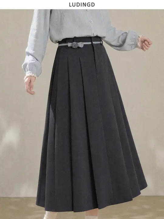 グレー 高腰Aラインフレアスカート【秋用・百褶デザイン・体型カバー】（セットアップ対応）