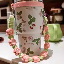 保温杯用編み花デザインカップストラップ【粉色・ブルー・手提げ対応】