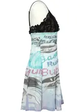 個性的なグラフィックプリントのレースキャミソールドレス【セクシーなVネック・短丈】