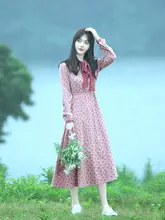 小花柄の長袖ミディドレス【コットンリネン・ナチュラルスタイル】