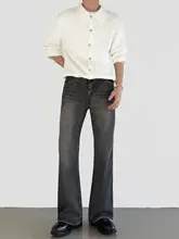 春夏用 レトロデザインの黒灰色ストレート微ブーツカットジーンズ【メンズ】
