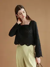 黒のレース刺繍バンドカラー長袖ブラウス【女性用・フレンチスタイル・エレガントデザイン】