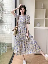 フラワープリント バブルスリーブ ワンピース【フリル付き・夏用・Aライン・長袖】