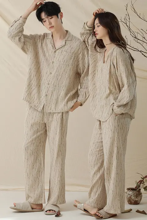 カップル用 コットン二重ガーゼスリーパー【長袖・春秋用・男女兼用・ホームウェア】（セットアップ対応）