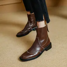 ブラウンレトロ本革ショートブーツ【粗いヒール・秋用・洗い加工】