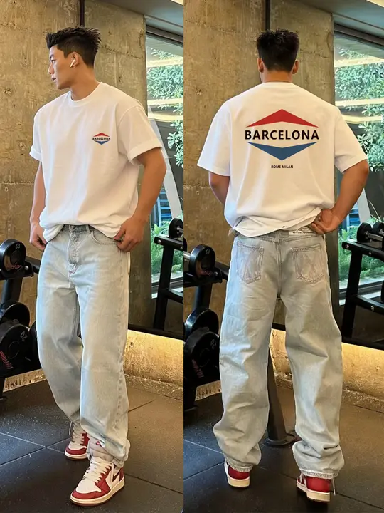 アメリカンストリートスタイルのデザイン半袖Tシャツ【重厚なコットン・若者向け・小さめネック】