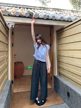 レース付きリボンカラーのストライプ半袖シャツ【女性用・夏用・ゆったりデザイン】
