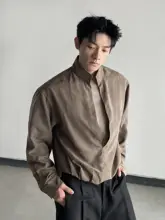 レトロ風シャツ【男女兼用・長袖・ショートワイドデザイン・秋用】（セットアップ対応）