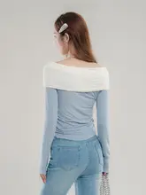 ビビッドカラーのリボン付きオフショルダー長袖Tシャツ【フィット感・秋用】