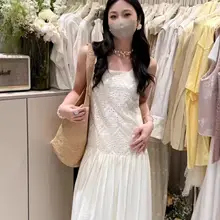 夏用 清新風 方形ネックのゆったりとしたレース刺繍ノースリーブロングドレス