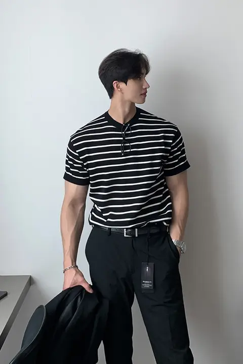 Tシャツ メンズ 半袖 白黒ボーダー クルーネック ルーズ ストリート 夏 定番