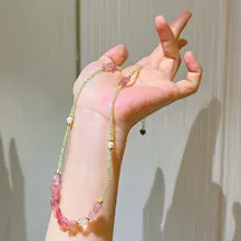 天然オリーブ石とストロベリークリスタルの多宝ネックレス【女性用・カジュアルデザイン・ロングチェーン】