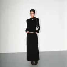 2点セット レディース ボウタイデザイン タイトニット ドレープスカート きれいめ 上品「NEVA HU」