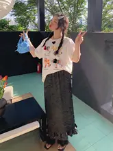 光沢感のあるフリル付き レディースマキシスカート【夏用・大きいサイズ対応】（セットアップ対応）