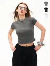 レトロ風クリスタル付きフィット感のある半袖Tシャツ【女性用・クロップド丈・夏用】