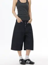 シンプルな美しいデザインのストレートカットデニムショートパンツ【男女兼用・通勤・高級感・ゆったり】（セットアップ対応）